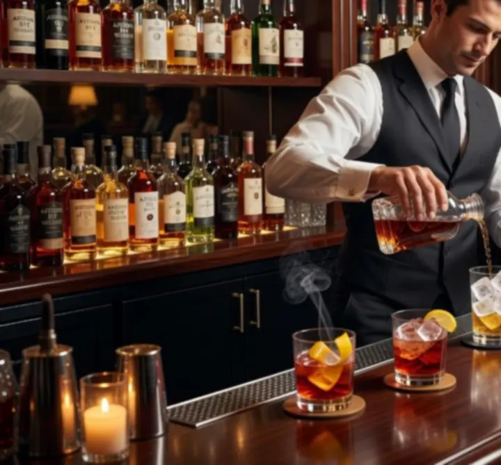 Craft cocktails lined up at a sophisticated bar