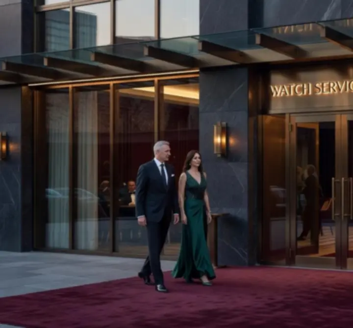 Entrance to the WATCH SERVICE ATELIER Lounge at dusk