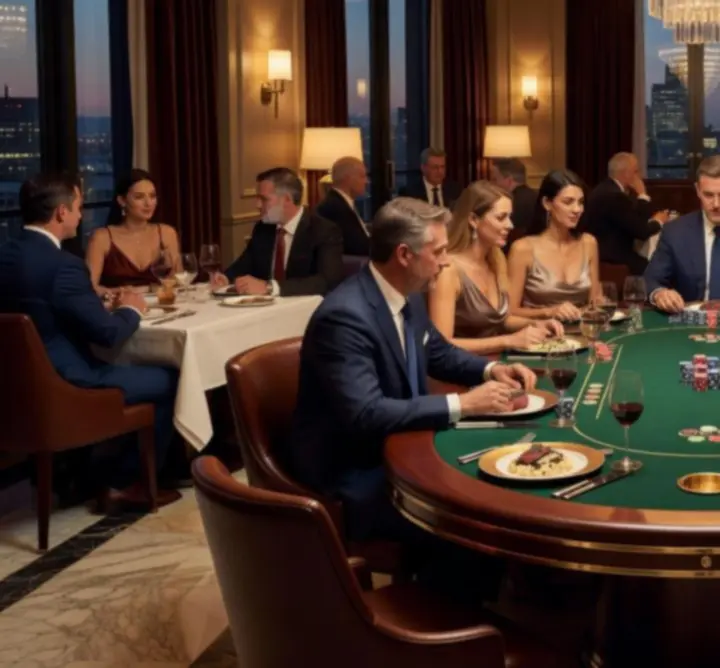 Fine dining table set beside a poker game in an upscale lounge