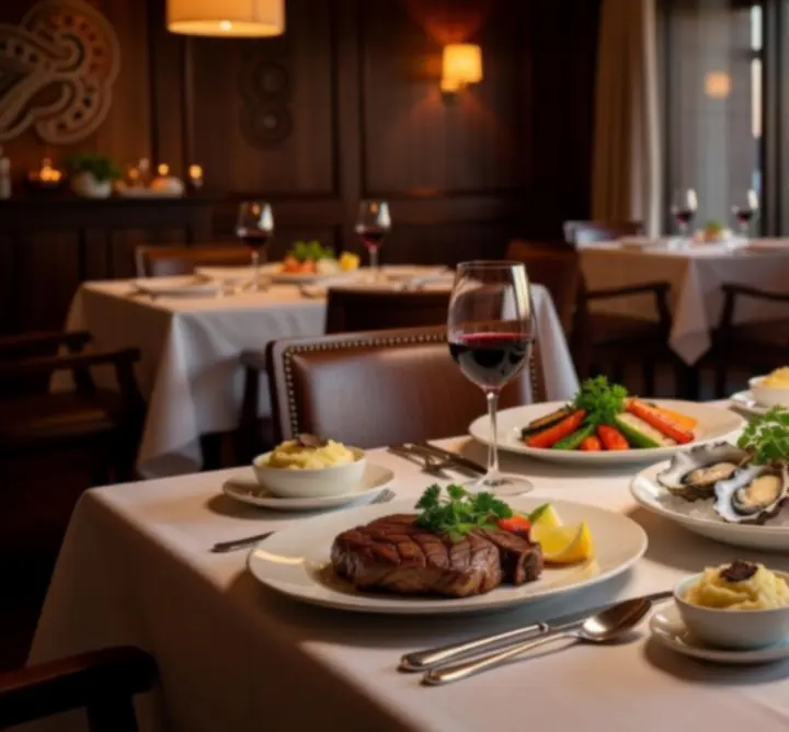 Premium steak and seafood dishes plated in an upscale restaurant